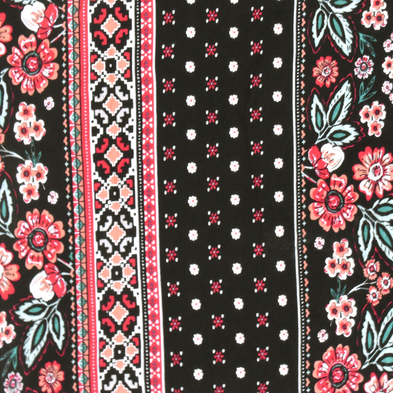Black-Coral-Multi Mix Stripe Floral Print Rayon Stretch Jersey Knit Fabric By the Yard